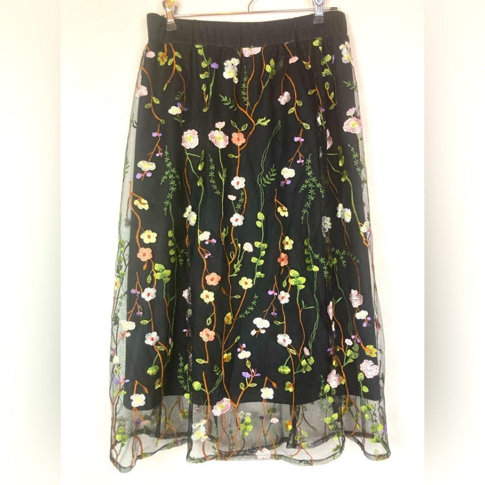 Stunning skirt Sheer black netting w/ floral embroidery over solid black lining